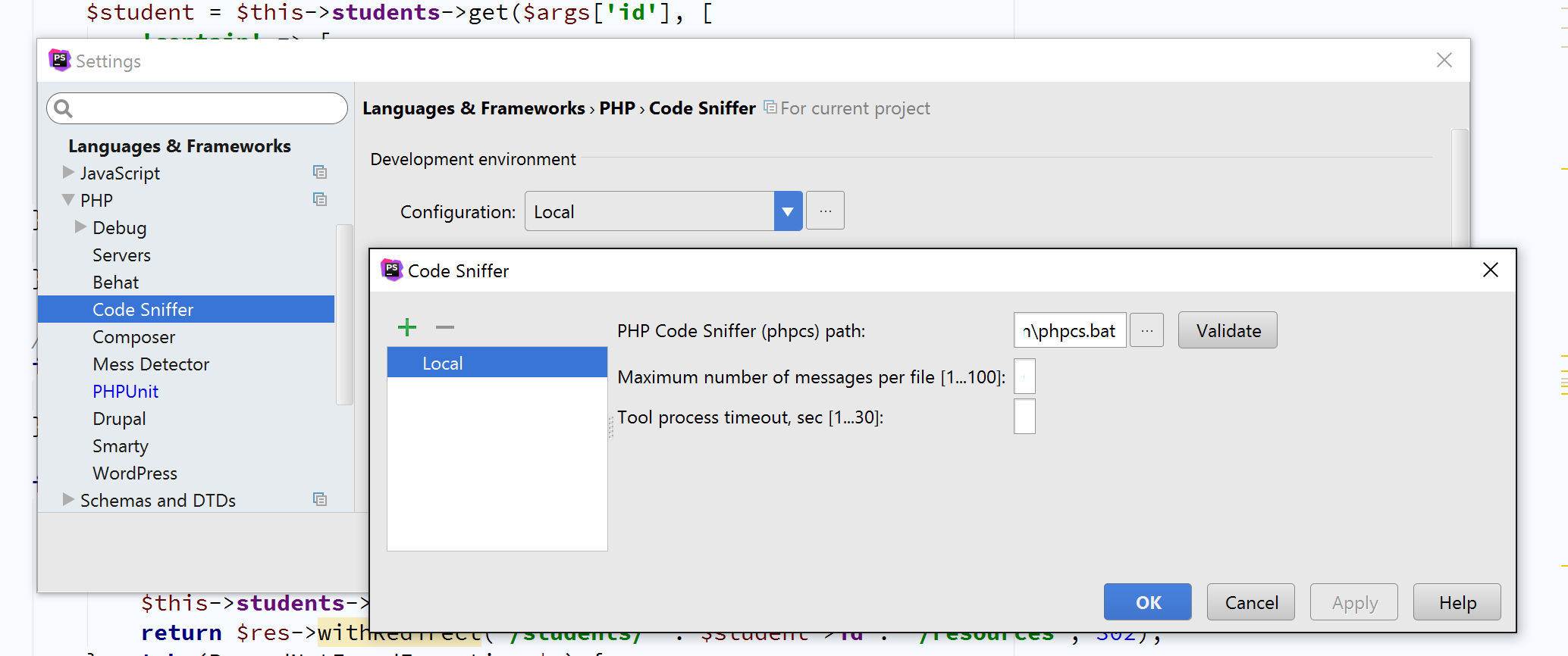 PHP Code Sniffer in PHPStorm