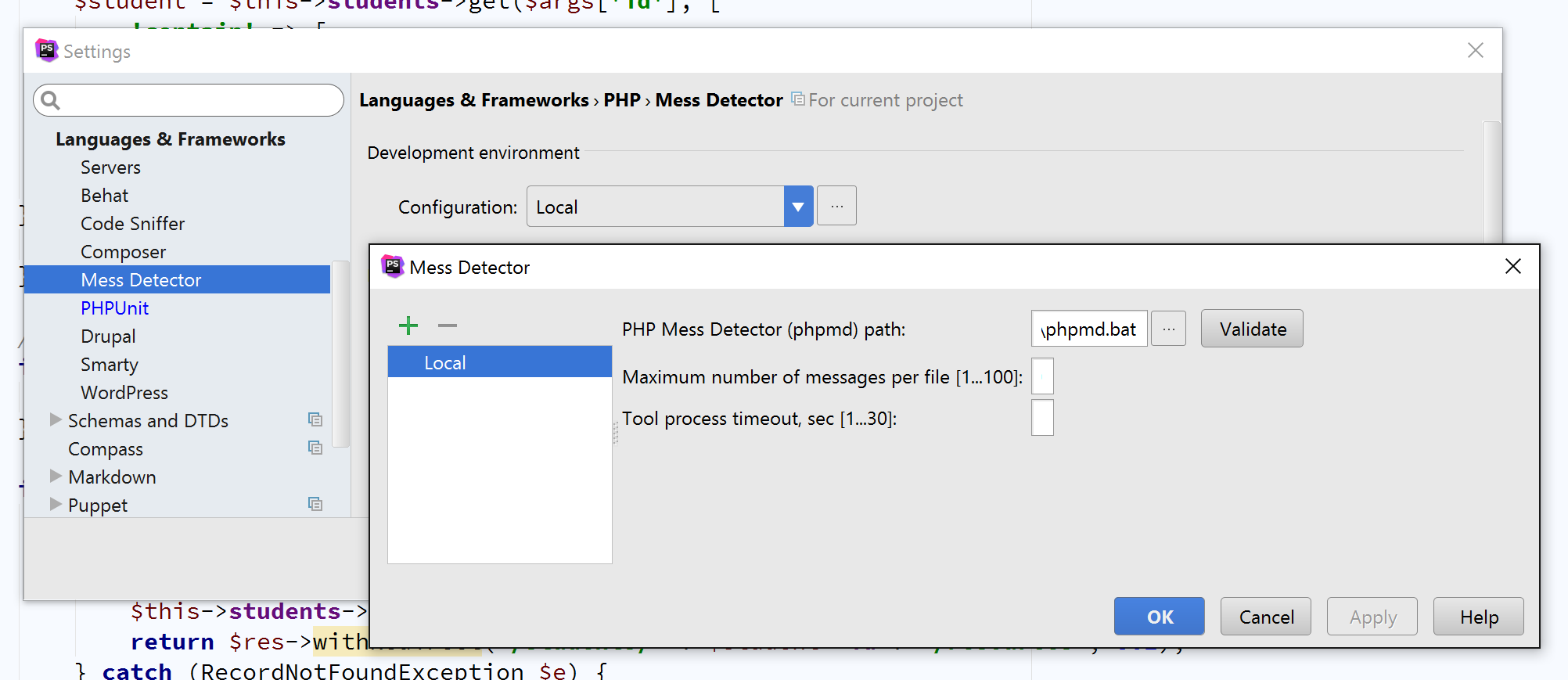 PHP Mess Detector in PHPStorm