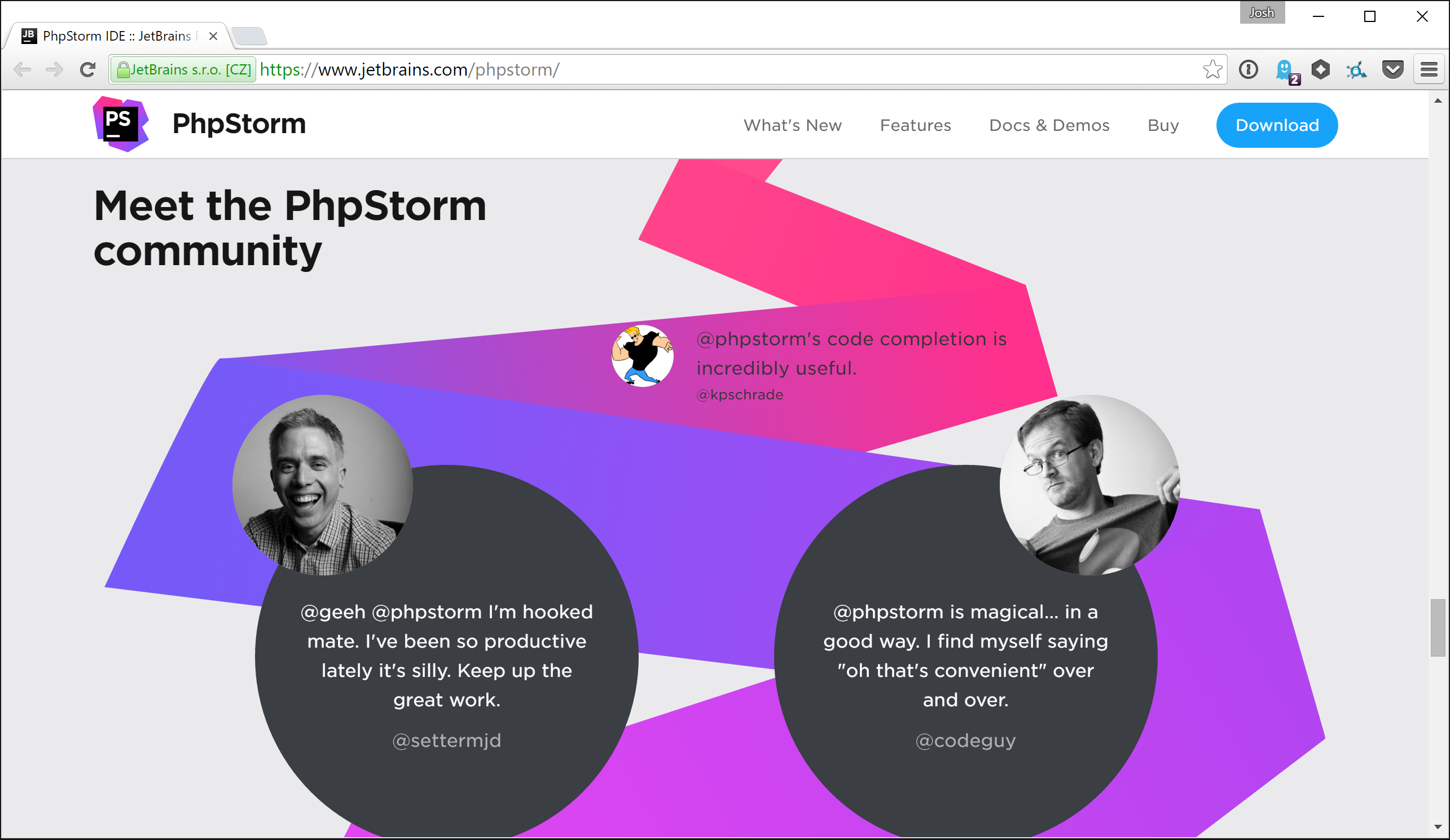 PHPStorm website with @codeguy testimonial